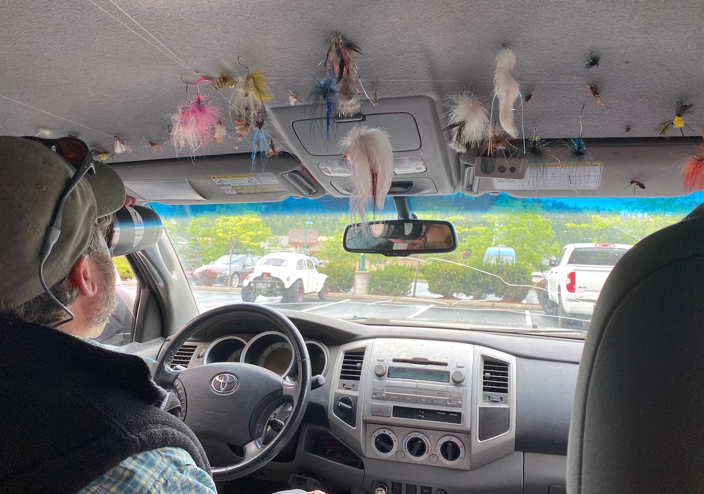 Inside of a Toyota truck with a headliner covered in fly fishing flies