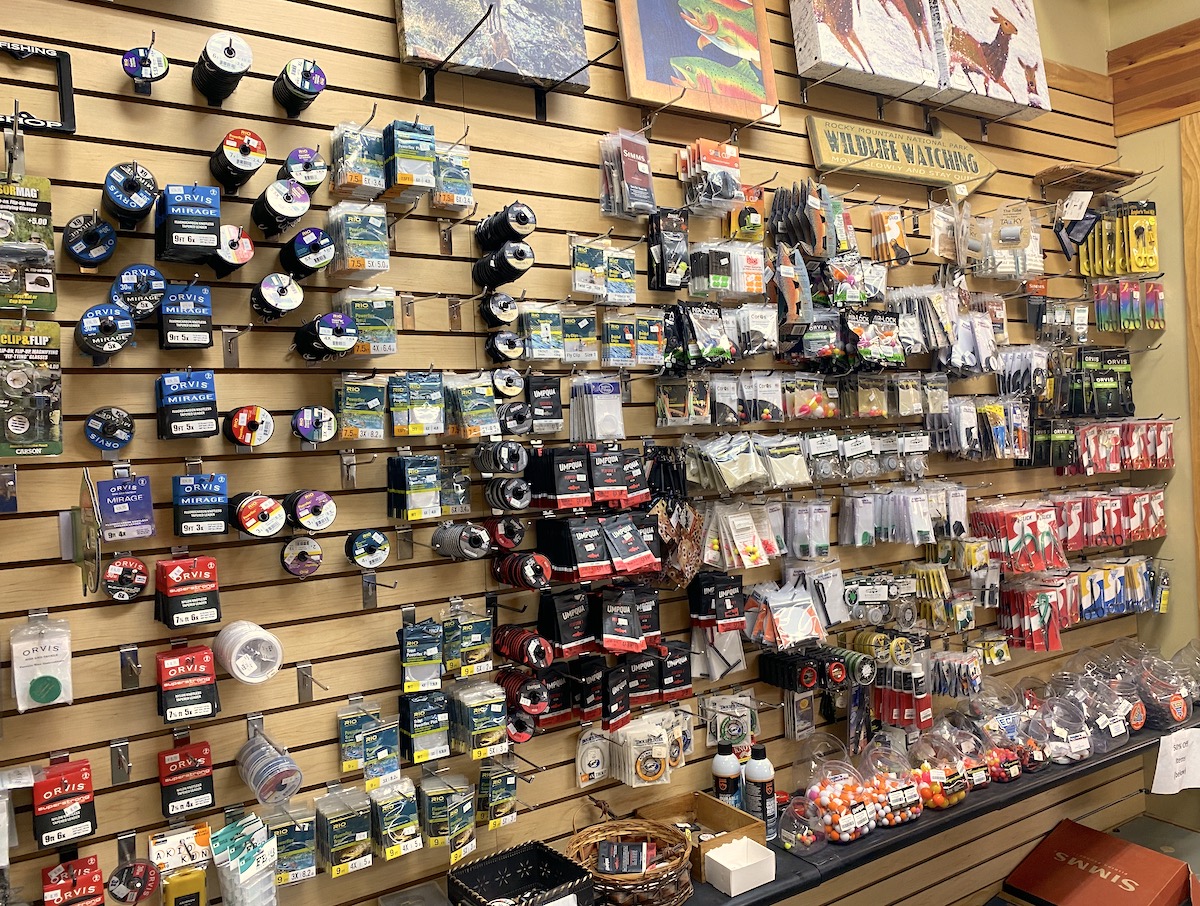 Fly fishing accessories in a fly shop